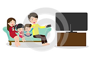 Illustration of a Family Watching a TV Show Together, Happy family watching television sitting on the couch at home.