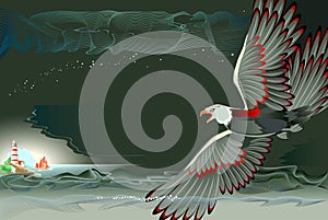Illustration of fantastic fairy tale bird foreshadowing storm. Symbolic representation of approaching danger. Abstract background