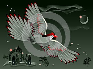 Illustration of fantastic parrot flying at night in oriental environment. Cover for children fairy tale book.