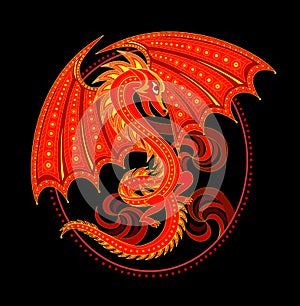 Illustration of fantastic red dragon. Symbol from ancient legend. Abstract background with oriental decoration. Fashionable print