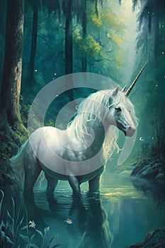 Illustration of a fantastic unicorn in a magical forest AI generated content