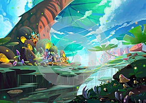 Illustration: A Fantastic Wonderland with Giant Tree, Treasure and Mystery Things.