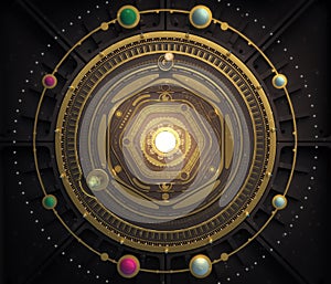 Illustration fantasy dieselpunk solar system model astrolabe Steampunk Background. Quality 3D render