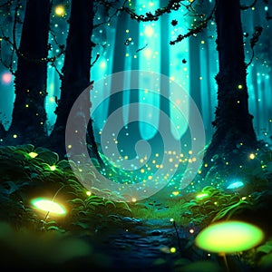 Illustration of a fantasy forest with magic lights and foggy night generative AI