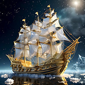 Illustration of fantasy galleon in golden tones sailing on a starry night