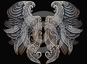 Illustration of fantasy imaginary angel wings, decorative elements, isolated on black background. Generative AI