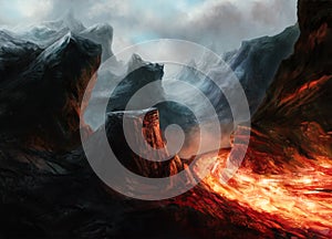 Illustration of fantasy landscape with lava river photo