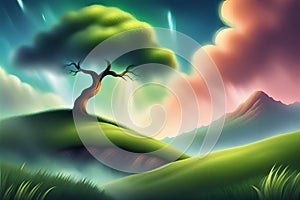 Illustration of a fantasy landscape with a lone tree in the middle. Generative AI