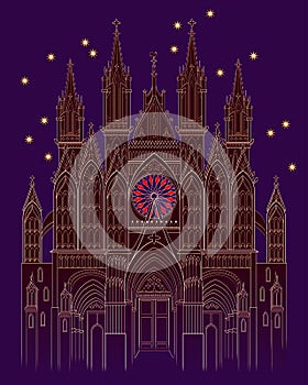 Illustration of a fantasy medieval Gothic castle at night time. Cover for kids fairy tale book. Poster for travel company.