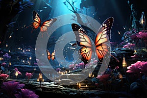 Illustration of a fantasy night scene with butterflies and trees in the forest Generative AI Generative AI
