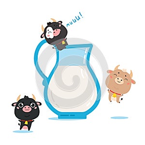 Illustration of farm cows and ox with milk jug. photo
