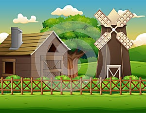 Farm landscape with shed and windmill