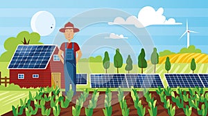 Illustration of a farmer on sustainable farmland using solar panels and wind energy for ecoconscious agriculture photo