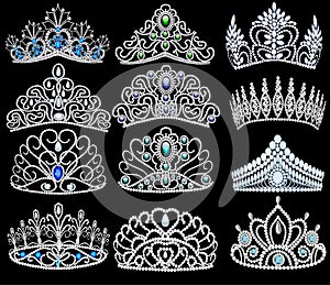 illustration of a fashion collection of jewelry tiaras with diamonds