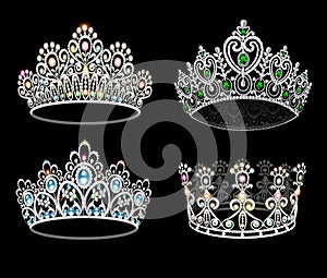 Illustration of a fashion collection of jewelry tiaras with diamonds