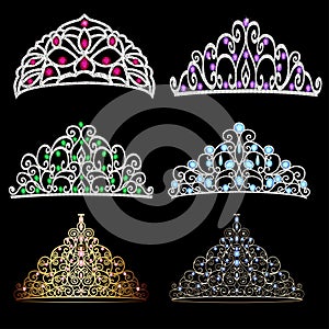 illustration of a fashion collection of jewelry tiaras with diamonds
