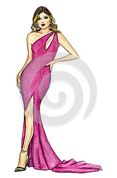 Fashion Model in a Long Fishtail Cerise Pink Dress photo