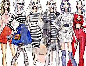 Illustration fashionable girls. shopping. fashion. art sketch of beautiful young woman in dress.