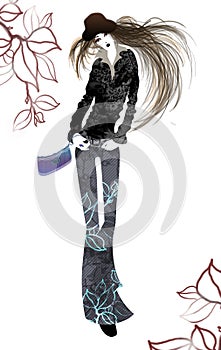 illustration of fashionable woman wearing jeans with leaf pattern and spring leaves on background