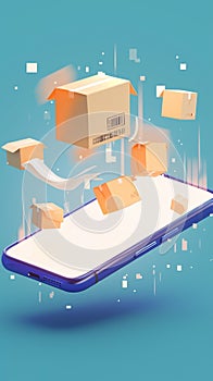 Illustration of fast delivery service smartphone with floating parcels