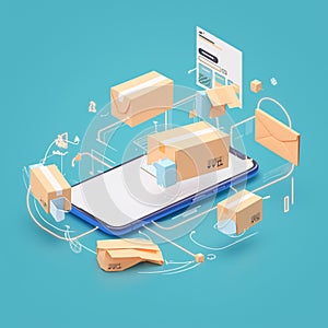 Illustration of fast delivery service smartphone with floating parcels