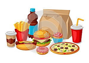 Illustration with fast food meal. Tasty fastfood lunch products.