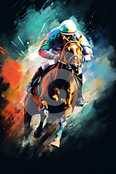 illustration of fast horseman rider and horse at race on black background, equine sport and speed concept