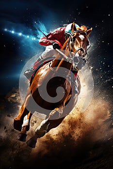 illustration of fast horseman rider and horse at race on black background, equine sport and speed concept