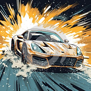 Illustration of a fast sports car, with splashy tech sporty graphics. Yellow, teal, black