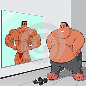 Illustration: a fat man and his reflection