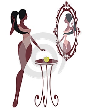 Illustration of a fat woman and her skinny reflect