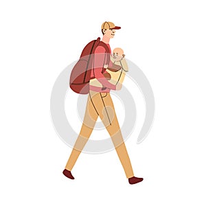 Illustration of father carries the baby in an ergo backpack, with a backpack on his back