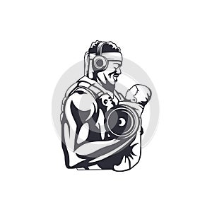 illustration of father is carrying a child while playing barbells