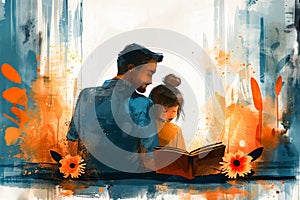 An illustration of father and daughter. Dad is reading book of fairy tales . Happy childhood concept