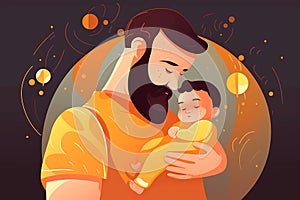 Illustration of father with his little son, on black background. Concept of Father's day, fathers love