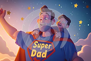 Illustration of father and son as superheroes with & x27;Super Dad& x27; emblem