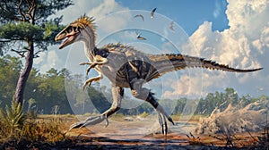 An illustration of a feathered dinosaur hunting for prey displaying the evolutionary adaptations that led to the photo