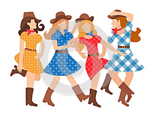 Illustration of a featured young girl dancing country style flat style. Beautiful and cheerful women dance in American tradition.