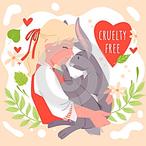 Illustration features a cartoon cute girl hugging a rabbit with love, surrounded by flowers and branches with leaves