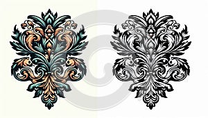 Flat Decorative Ornaments Illustration for Border Decoration in Silhouette and Color Versions