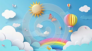 The illustration features fluffy clouds and blue sky with summer sun, butterflies, hot air balloons, and rainbows