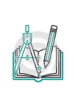 An illustration features a stylized open book, a pencil, and a drawing