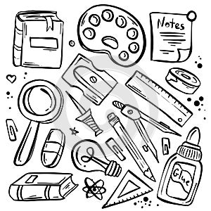 This illustration features a variety of school supplies doodled on a white background. Items include pencils, pens, notebooks,