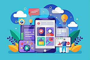 This illustration features a vibrant app design with interactive elements in a user-friendly layout, Progresive app Customizable