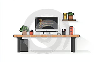 Modern desk setup with computer, plants, and coding interface illustration