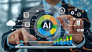 Abstract digital network with connected icons for technology background.