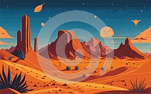illustration featuring a breathtaking desert landscape with vast sand dunes, dramatic rock formations, and a starry
