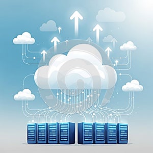 Illustration featuring a cloud computing concept. A large, central white cloud is