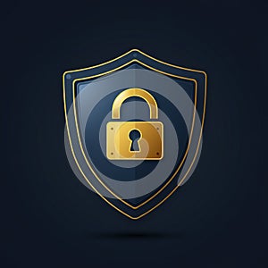 An illustration featuring a shield with a padlock emblem. The shield is dark blue with a