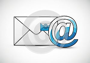 An illustration featuring a stylized white envelope and a large blue 